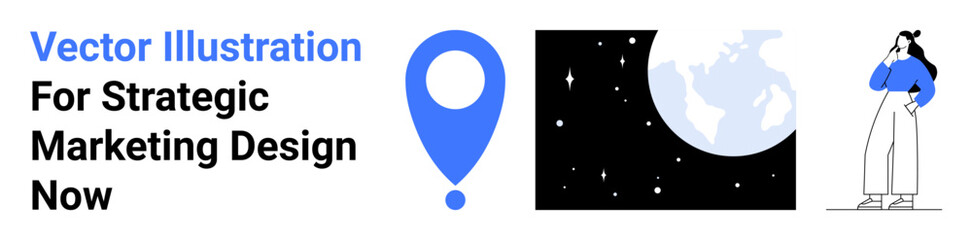Blue location pin, Earth with stars, and thoughtful businesswoman in modern design. Ideal for marketing, strategy, business insights, analytics, branding, innovation flat landing page banner