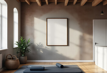 A serene yoga studio features a large window, wooden floor, and a minimalist design, with a white yoga mat, blue mat, and potted plant on the floor. A4 frame mockup