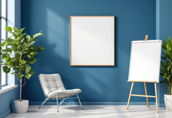 A white chair with a gray cushion sits in a blue-walled room, accompanied by a white easel and a large potted plant. A4 frame mockup