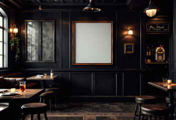 A cozy bar features dark wood paneling, a large whiteboard, and a bar with a glass of wine, accompanied by a sign for "Rosa Pina" and a "Sauce of the Week" menu. A4 frame mockup