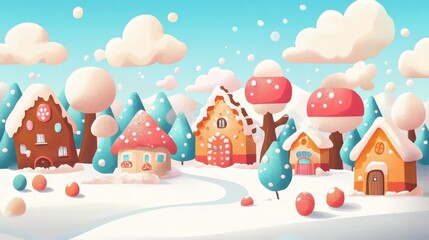 Obraz premium A whimsical winter village with candy houses and mushroom trees