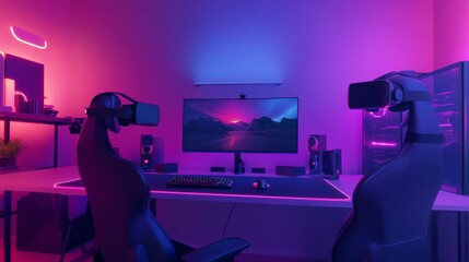 An advanced virtual reality gaming setup, immersive scene with futuristic elements, High-tech style