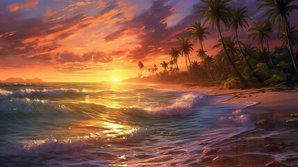 Sunset on a tropical beach. A wave rolls over the sandy shore against a backdrop of palm trees and tropical trees