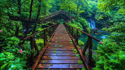 Obraz premium Wooden bridge to waterfall in lush forest