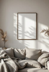 A white-framed picture hangs on a light gray wall, accompanied by a potted plant and a gray blanket on a beige couch. A4 Frame Mockup