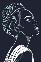 The depth and expressiveness of a dark-skinned woman with brown eyes in black and turquoise tones on a dark background create a dramatic atmosphere
