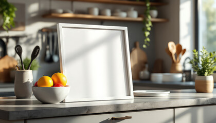 A white picture frame with a blank white canvas sits on a kitchen counter, accompanied by a bowl of oranges and a plant, with a window and wooden shelf in the background. A4 Frame Mockup