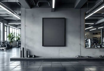 A large black frame with a blank white canvas hangs on a gray wall in a modern gym, accompanied by a black bench, dumbbells, and a potted plant. A4 Frame Mockup