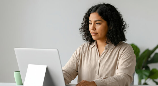 A woman is sitting at a desk with a laptop and a cup