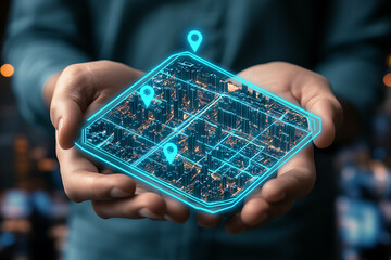 Futuristic glowing wireframe of a traveler holding a holographic display