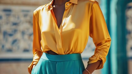 A woman wearing a yellow blouse and teal pants.