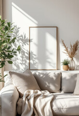 A white couch with a beige blanket and two throw pillows sits against a white wall, accompanied by a plant and a framed picture. A4 Frame Mockup