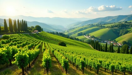 Rolling hills, cypress trees, sun-drenched vineyards, calm, idyllic