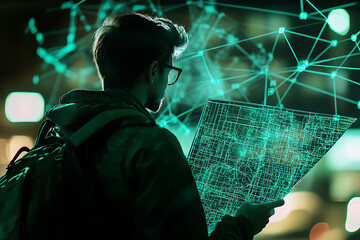 Glowing wireframe of a traveler with a backpack exploring new horizons