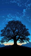Majestic Oak Tree Silhouette Against Twilight Sky