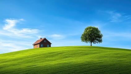 Obraz premium Tranquil House on a Green Hill with a Lone Tree Under a Vivid Blue Sky