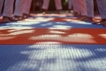 The background showcases the red and blue colors of a traditional mat for karate and taekwondo training