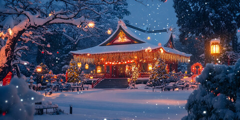 Snowy Japanese Temple Adorned with Festive Decorations for Winter Celebration
