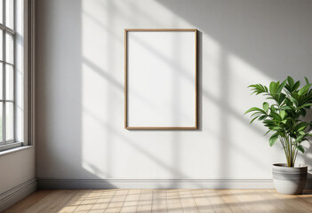 A white wall with a wooden frame displays a blank white canvas, accompanied by a potted plant on a wooden floor. A4 Frame Mockup