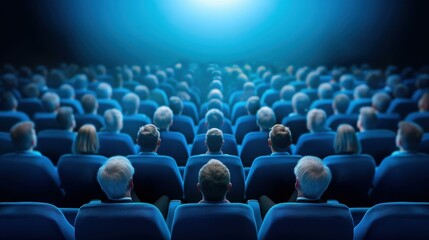 Obraz premium Audience immersed in film, basking in the glow of the screen, capturing the essence of cinema magic.