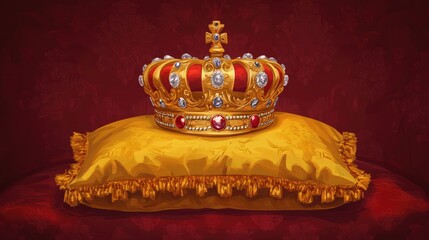 Illustration of Royal golden crown with jewels on golden pillow on red background. Symbols of UK United Kingdom monarchy.