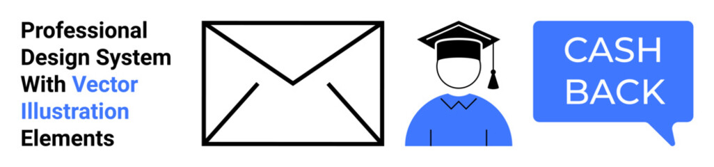 Obraz premium Envelope for communication, graduate icon for education, cashback speech bubble for financial perks. Ideal for marketing, education, business, finance, rewards systems, mail systems flat landing