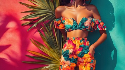 Fototapeta premium A woman in a floral bikini stands against a pink and teal wall, with palm leaves behind her.