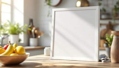 A white picture frame stands on a wooden table, accompanied by a bowl of fruit, a wooden vase, and a white jar, with a window and plants in the background. A4 frame mockup