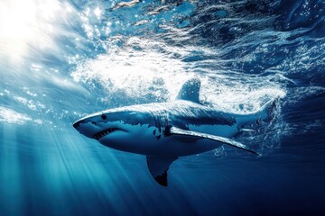 Fototapeta premium Great white shark swimming gracefully in deep ocean water during bright sunlight
