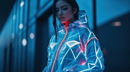Obraz premium A woman in a futuristic jacket stands in front of a blue building.