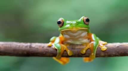 Naklejka premium A vibrant tree frog perched on a branch amid lush green leaves, showcasing natures beauty in a stunning closeup shot.