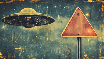A vintage-style alien road sign, featuring a UFO and interstellar design elements