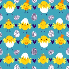 Easter chicken and eggs seamless birds pattern for wrapping paper and fabrics