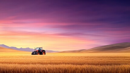 Fototapeta premium Majestic Sunset Over Golden Wheat Field with Red Tractor in Serene Rural Landscape