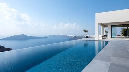 Fototapeta premium Luxury Villa Infinity Pool Aegean Sea Stunning View Modern Architecture Minimalist Design Breathtaking Ocean Panorama White House Island Vacation 
