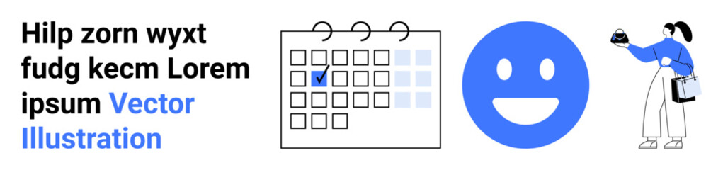 Organized calendar with a marked date, a smiling face icon, and a woman holding a packaged item. Ideal for time management, productivity, scheduling, optimism, planning, delivery and flat landing