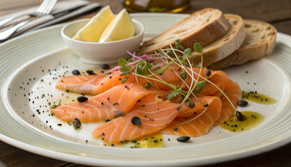 Smoked salmon with bread and microgreens on white plate