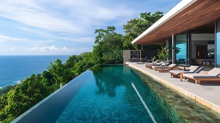 Fototapeta premium Luxury Infinity Pool Villa Ocean View Tropical Paradise Stunning Modern Architecture Design Home Real Estate Property Blue Water Teal Tiles Tranquil 