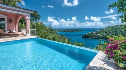 Fototapeta premium Luxury Villa Infinity Pool Tropical Ocean View Vacation Home Caribbean Island Paradise Resort Relaxation Stunning Blue Water Escape Getaway Dream sea 