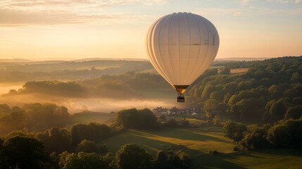 white hot air balloon flying over forest in a sunrise