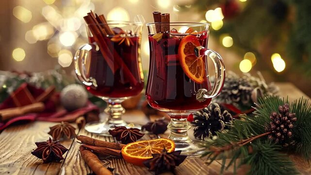 Two glasses of mulled wine, A traditional hot drink synonymous with Christmas time, Ai Generated