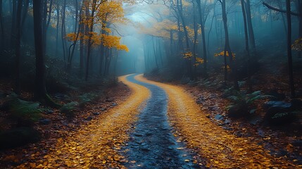 Fototapeta premium Misty autumn forest road curving through fall foliage