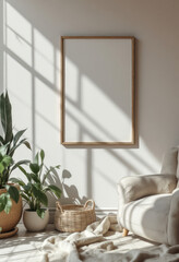A white wall with a wooden frame displays a blank white canvas, accompanied by two potted plants and a woven basket on a beige rug. A4 frame mockup