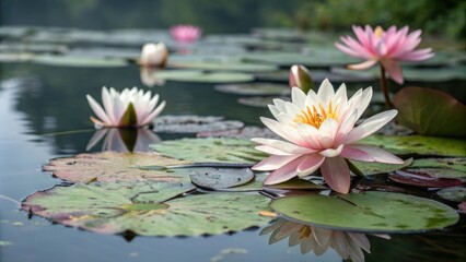 Delicate, hand-painted water lily flowers in a pond, delicate petals, organic shapes, intricate details, pond