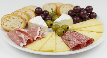 Delicious Cheese and Meat Platter with Bread and Grapes