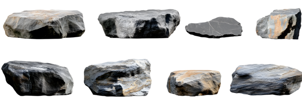 Collection set of long flat big hard rock boulder stone podium stage display on transparent background cutout, PNG file. Many different design. Mockup template artwork graphic