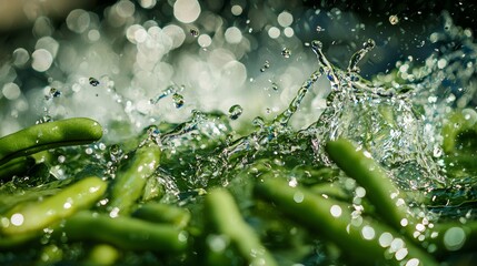 Energetic cascade of green beans colliding with water, detailed splashes and motion, captured with vivid, high-speed precision