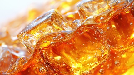 Iced tea close-up with ice cubes, bubbles, and light