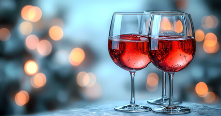 Celebrate with sparkling red drinks in elegant glasses surrounded by festive lights during a cozy evening gathering