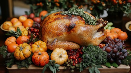 Thanksgiving dinner setup roasted turkey vegetables and autumn themed decor ideal for festive holiday content